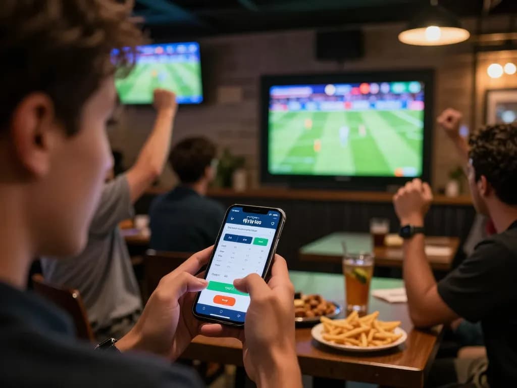 Tỷ lệ kèo nhà cái displayed on a smartphone while watching sports at a lively bar.