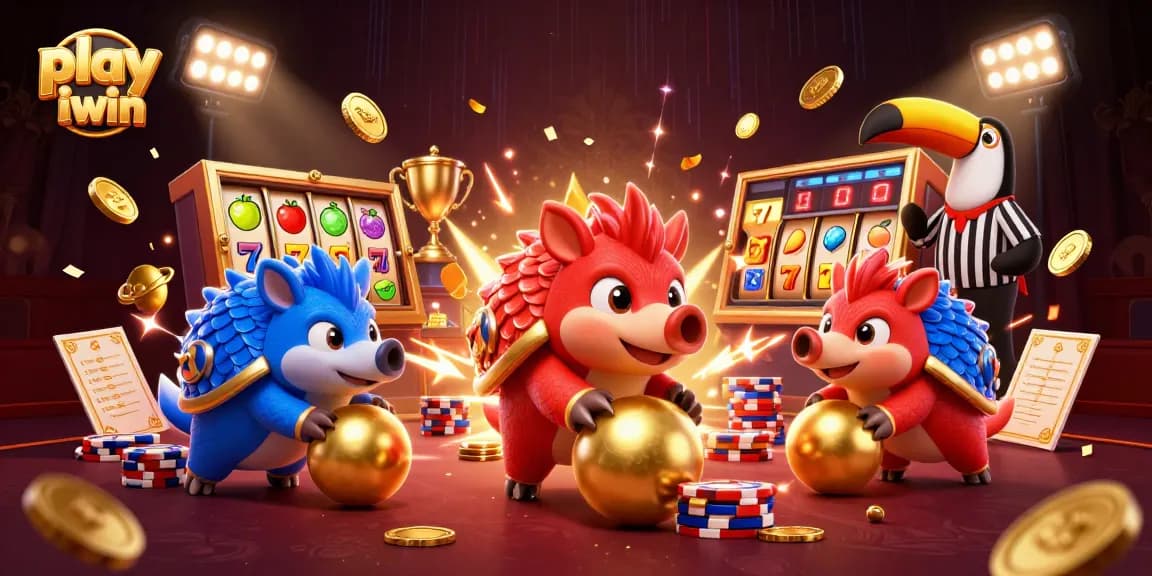Play iwin and win big with vibrant slot-themed 3D illustration of casino pangolins.