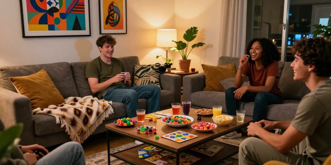 Friends enjoying THC edible UK gummies during a cozy movie night.