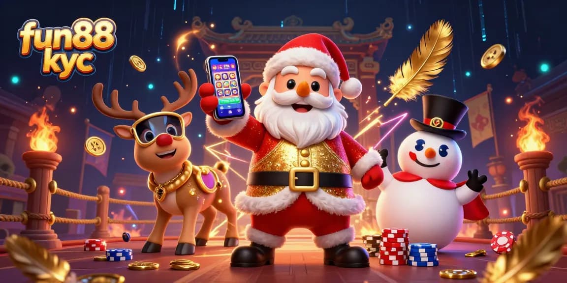 Khám phá fun88 kyc với hình ảnh Santa và bạn bè cùng tham gia các trò chơi cá cược hấp dẫn.