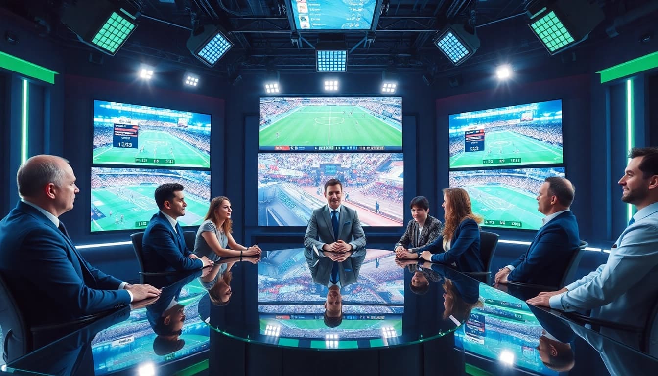 Engaging presenters in sports broadcasting studio analyzing live events.