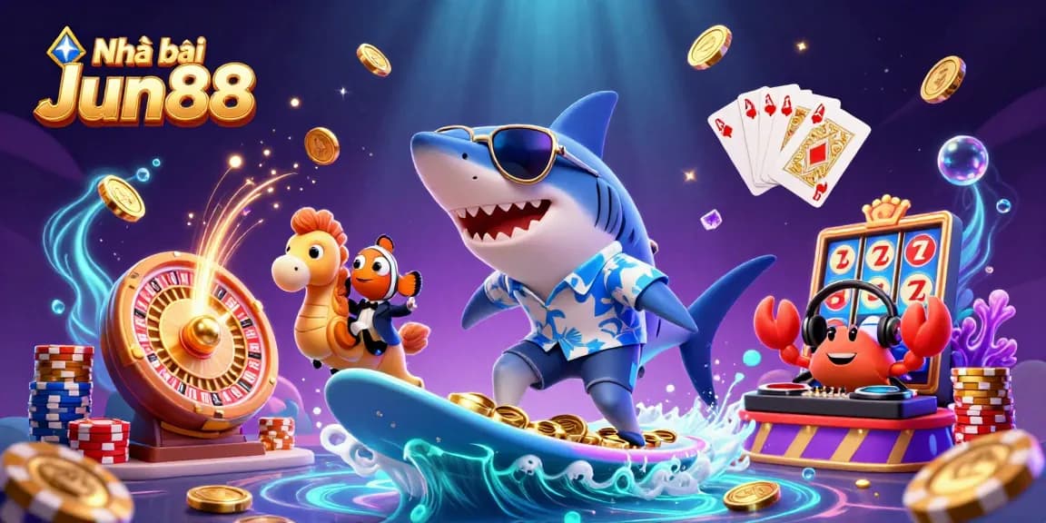 Experience thrilling wins at Nhà cái Jun88 with vibrant casino-themed cartoon illustration.