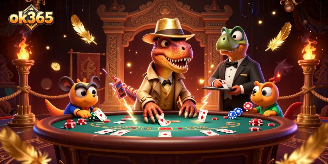 ok365 showcases a velociraptor card counter at a poker table, surrounded by vibrant casino elements.