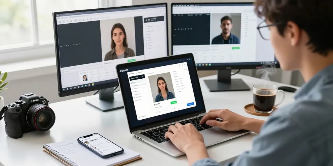 User analyzing images with a free AI detector in a modern workspace.