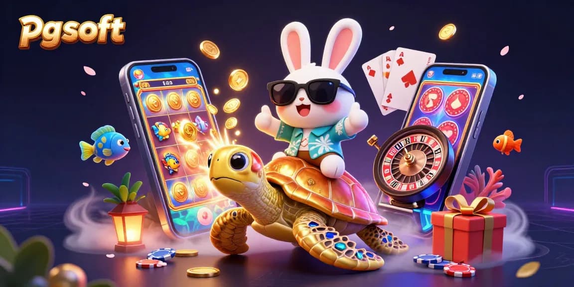 Engage with pg soft's vibrant slots while a lucky rabbit rides a golden turtle amidst lively casino symbols.