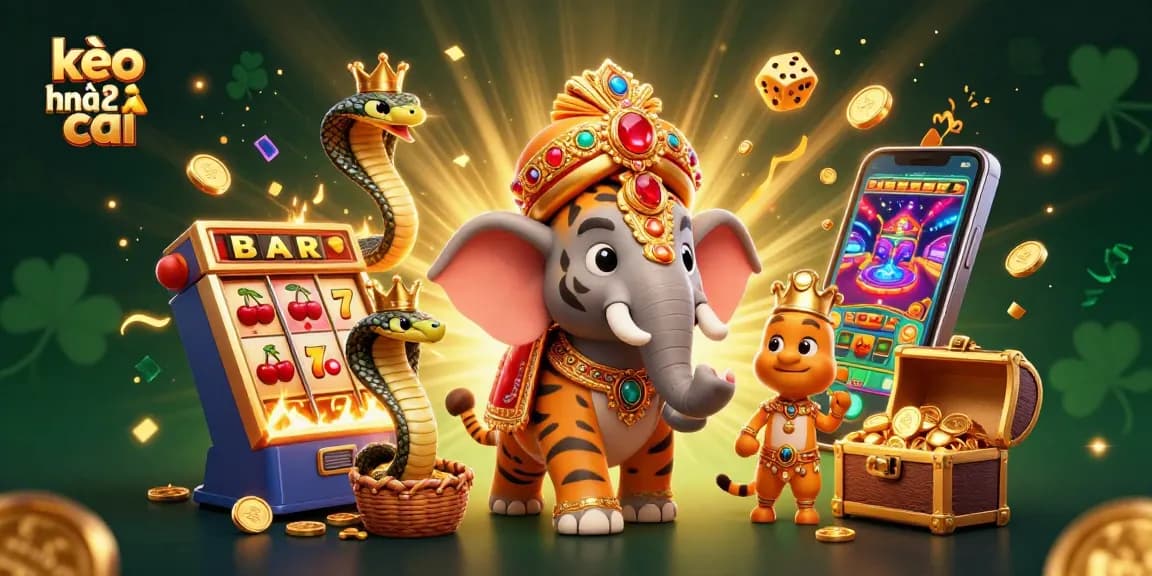 Kèo nhà cái showcases a vibrant 3D scene featuring a maharaja tiger and an elephant with a jackpot explosion of slots and games.