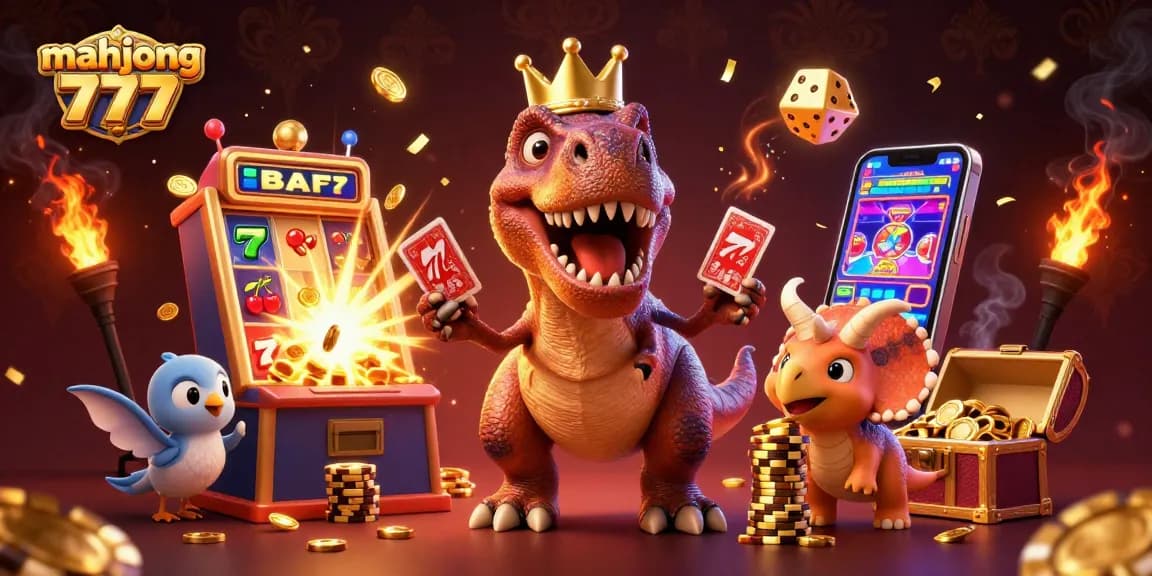 Engage in the thrilling world of mahjong 777 with a vibrant casino scene featuring playful characters and dynamic game elements.