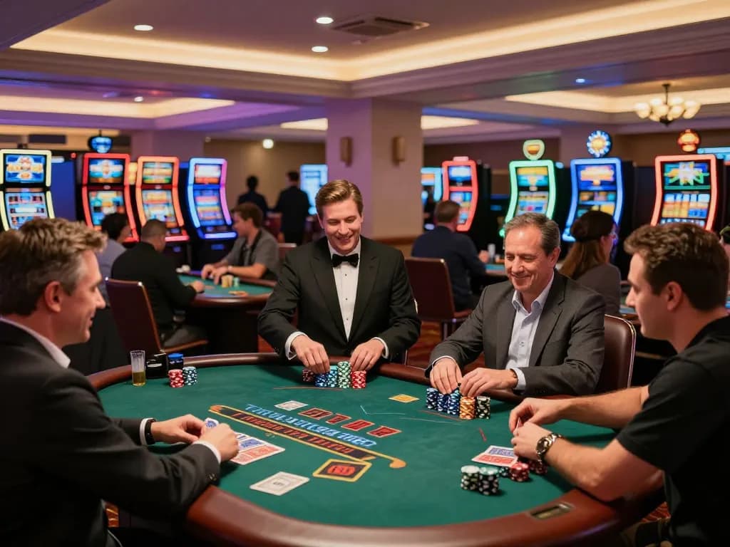 xz88 players enjoying blackjack at a dynamic casino floor with professional dealers.