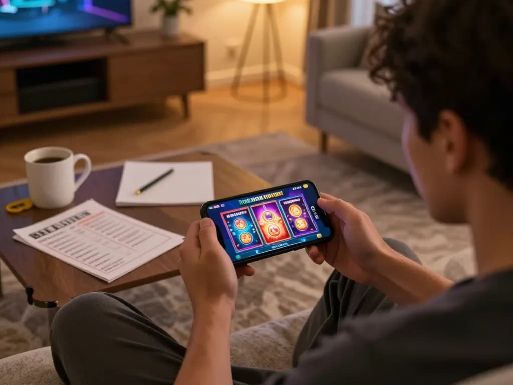 Engaging gameplay on dewa slot mobile app in comfortable home setting, capturing excitement of online slots