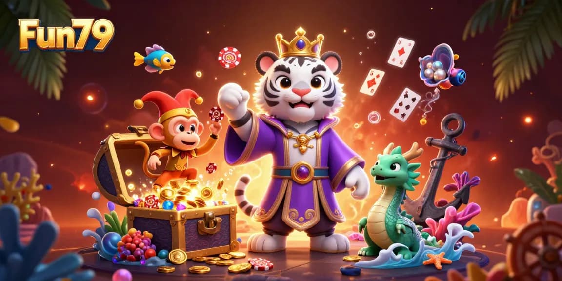 Engage with Fun79's thrilling gameplay surrounded by vibrant casino elements and lively characters.