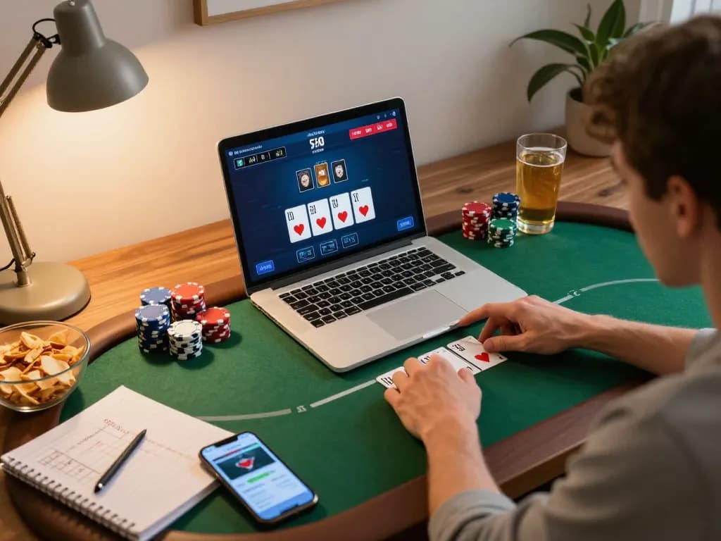 Player strategizing a win on sun win poker game interface at home.