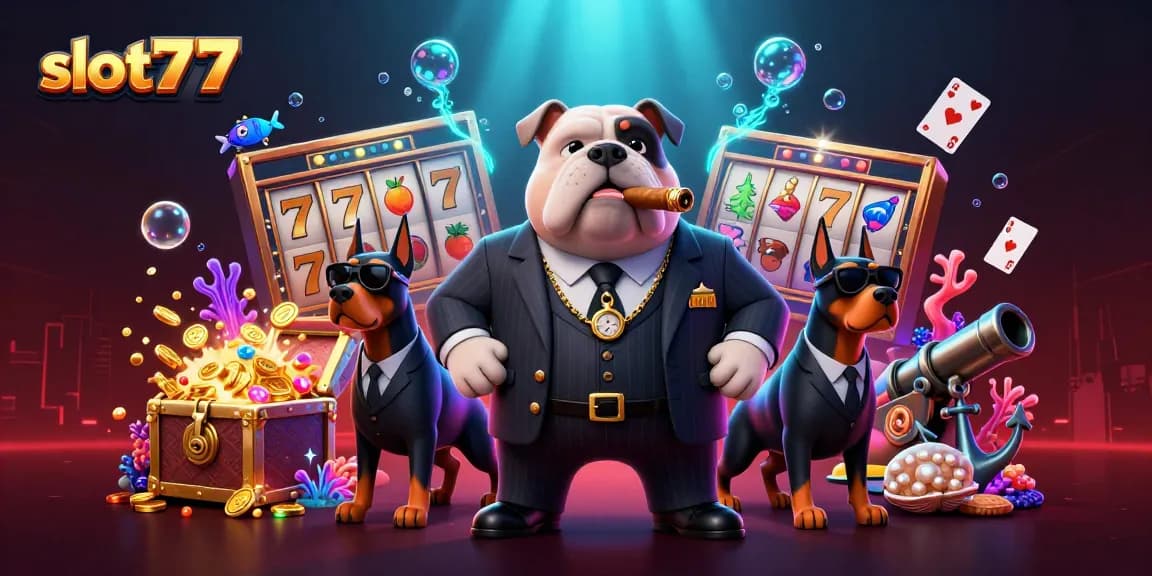 Rasakan keseruan permainan slot777 dengan ilustrasi yang menampilkan karakter kartun kasino dan elemen permainan yang menarik.
