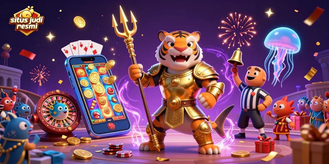 Engage with situs judi bola resmi featuring a cartoon tiger shark in a gladiator arena surrounded by casino elements.