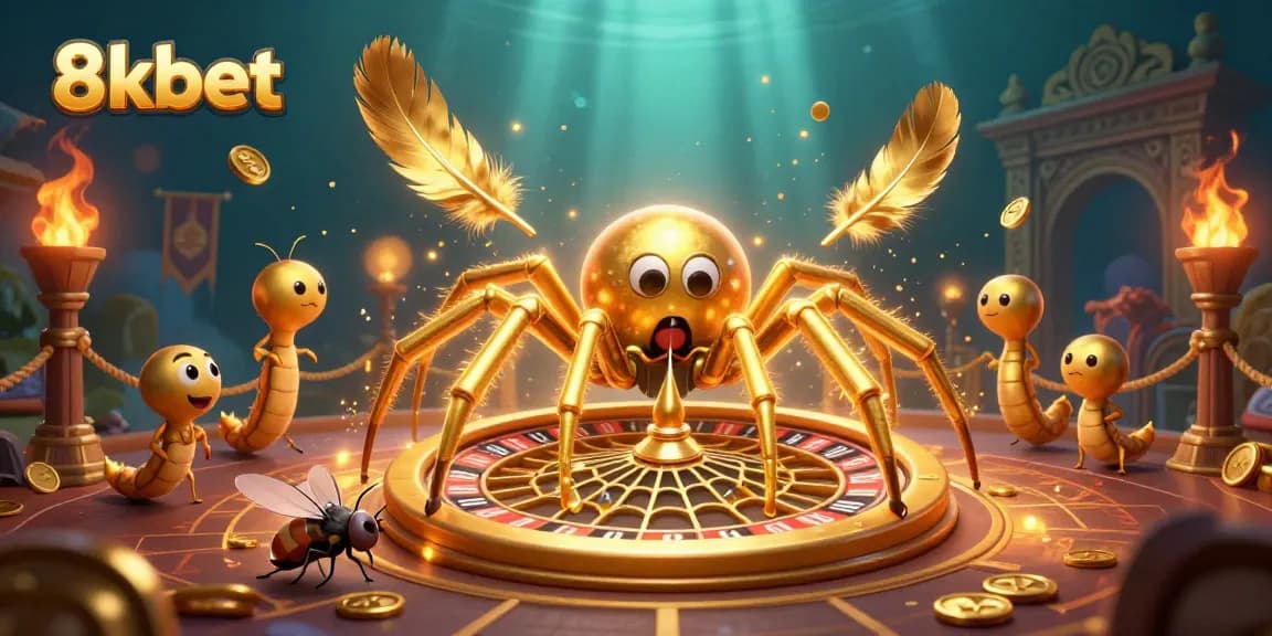 Engage in thrilling bets at 8kbet with casino-themed 3D illustration featuring a golden spider and roulette.