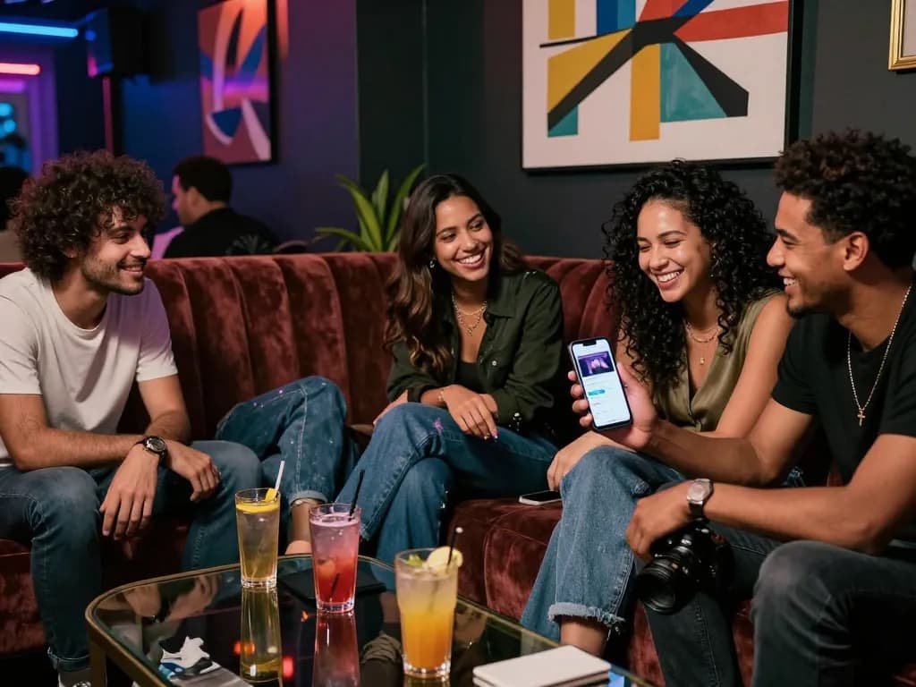 Friends enjoying NSFW content discussions in vibrant urban lounge.