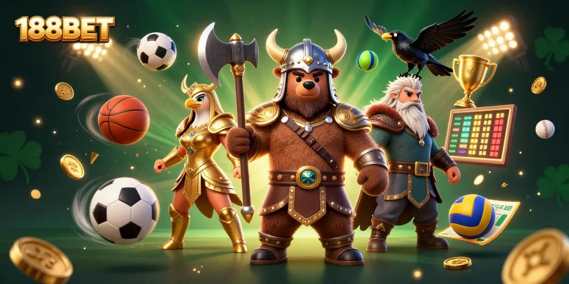 Engage in fun and exciting gambling at 188BET featuring vibrant characters and sports elements.