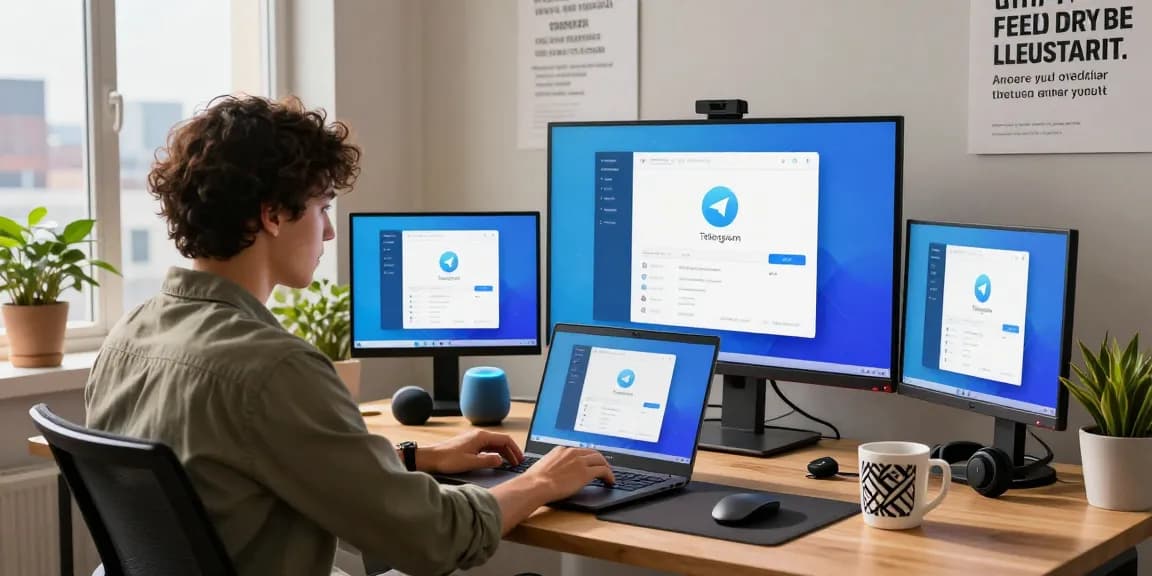 Dynamic workspace showcasing a professional using Telegram Download on multiple devices, emphasizing tech efficiency and connectivity.