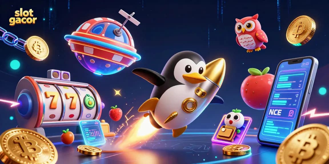 Gambar slot gacor mengungkapkan penguin emas beraksi menembus ruang bersama simbol slot dan koin crypto.