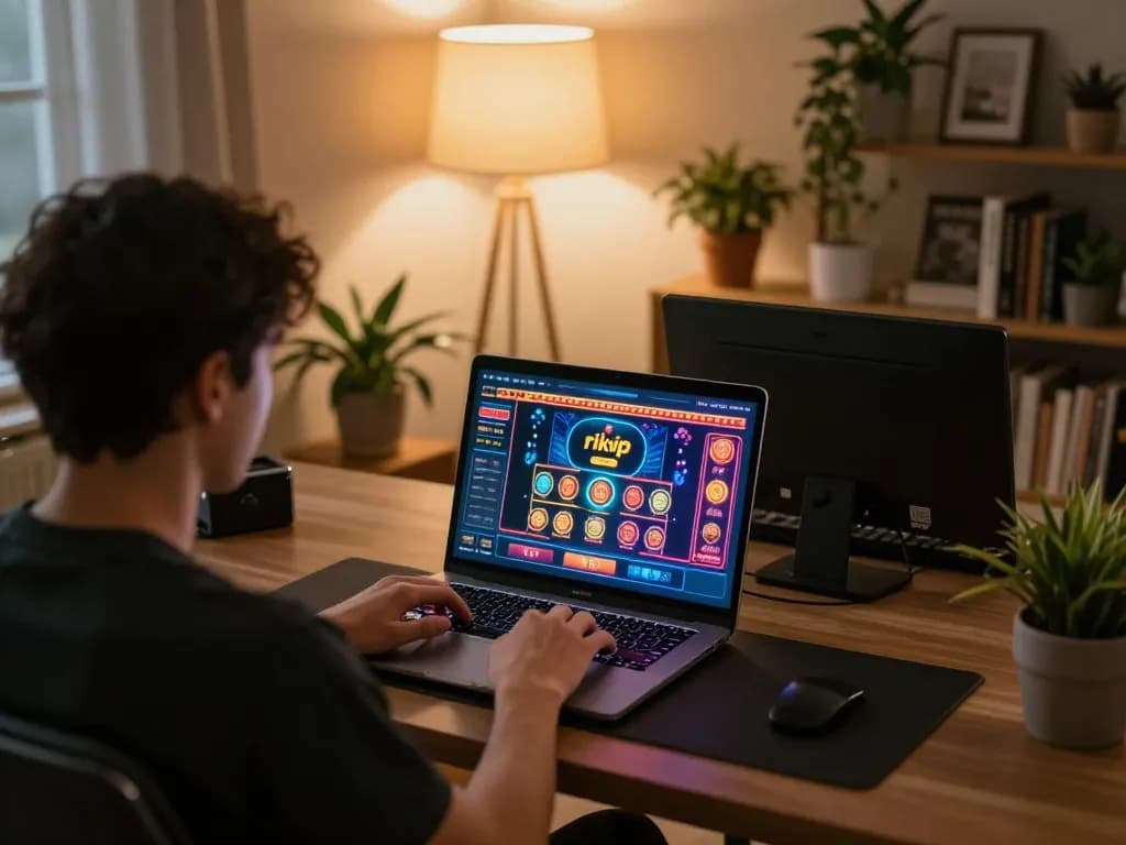 Player enjoying rikvip online casino from home, focused on gaming strategy at modern desk