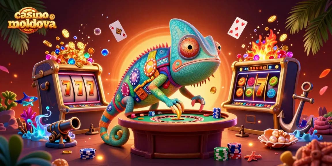 Joacă și câștigă pe casino online moldova cu un chameleon uriaș și simboluri de păcănele în 3D.