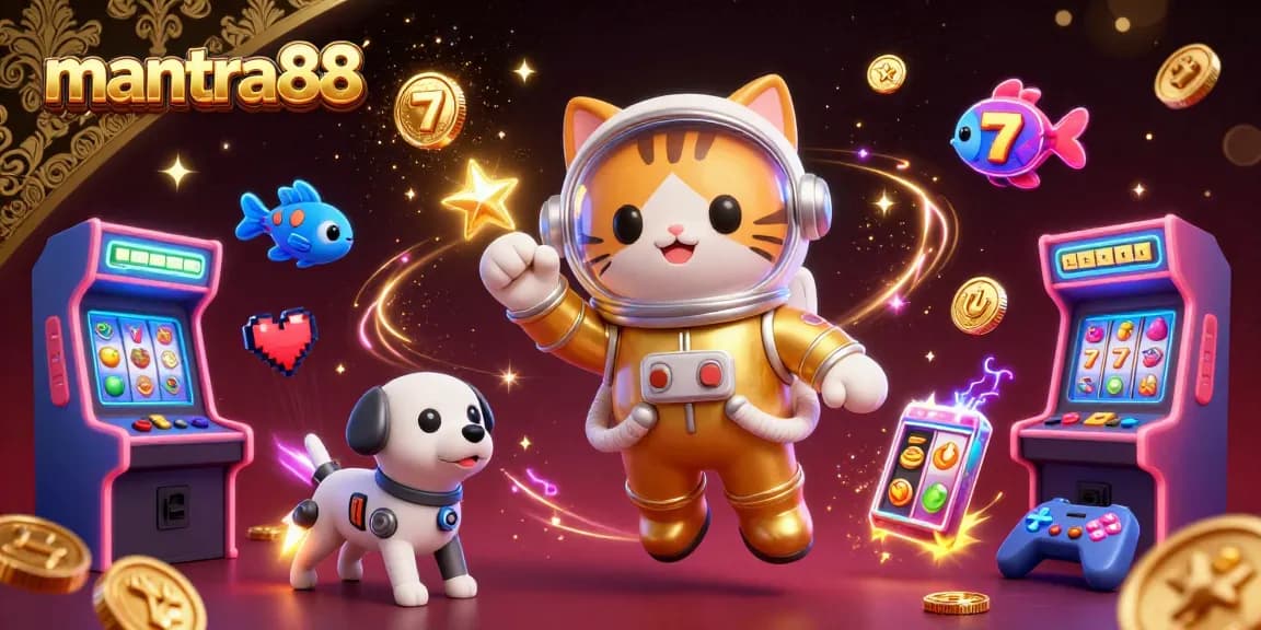 Engage with mantra88's vibrant gaming universe, featuring a dynamic 3D scene of a lucky cat, rocket dog, and colorful gaming elements.