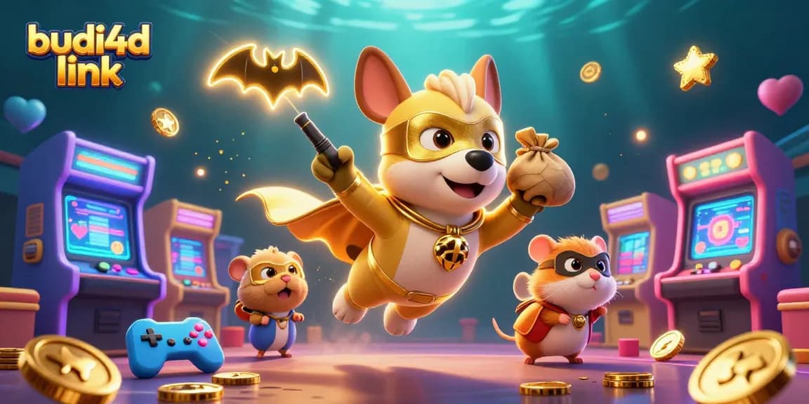 Play and win at BUDI4D link with two superheroes amidst casino elements and colorful game machines.