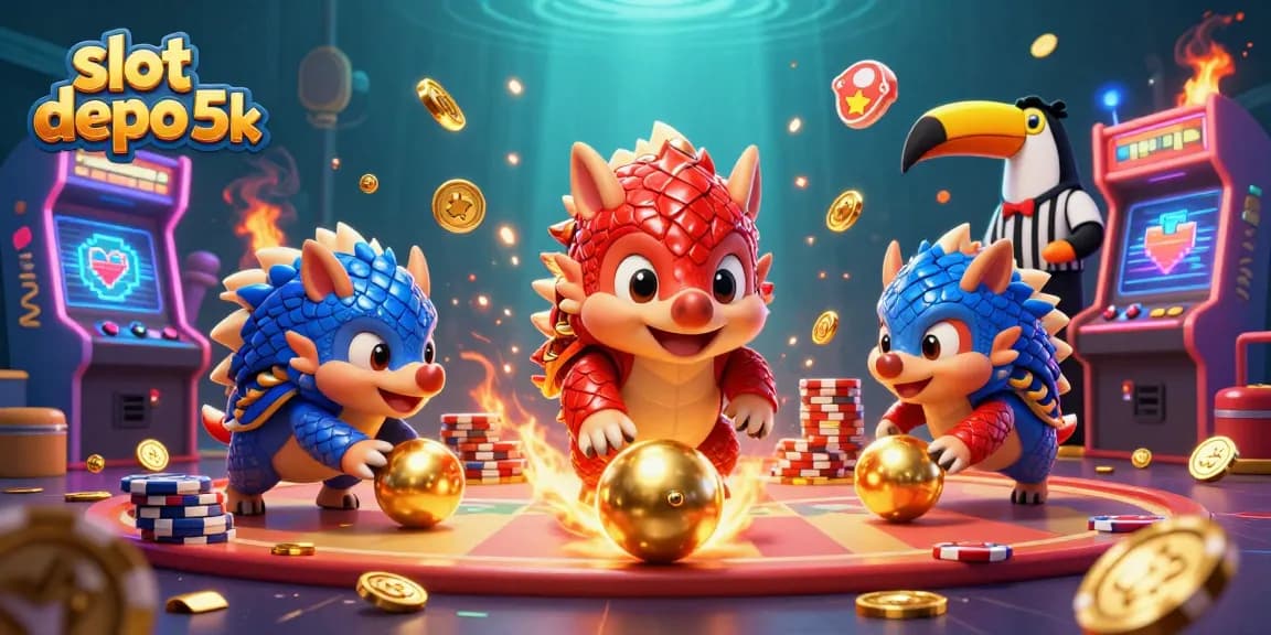 Spin the slots with slot depo 5k as rival pangolins battle in a vibrant casino scene filled with arcade elements.