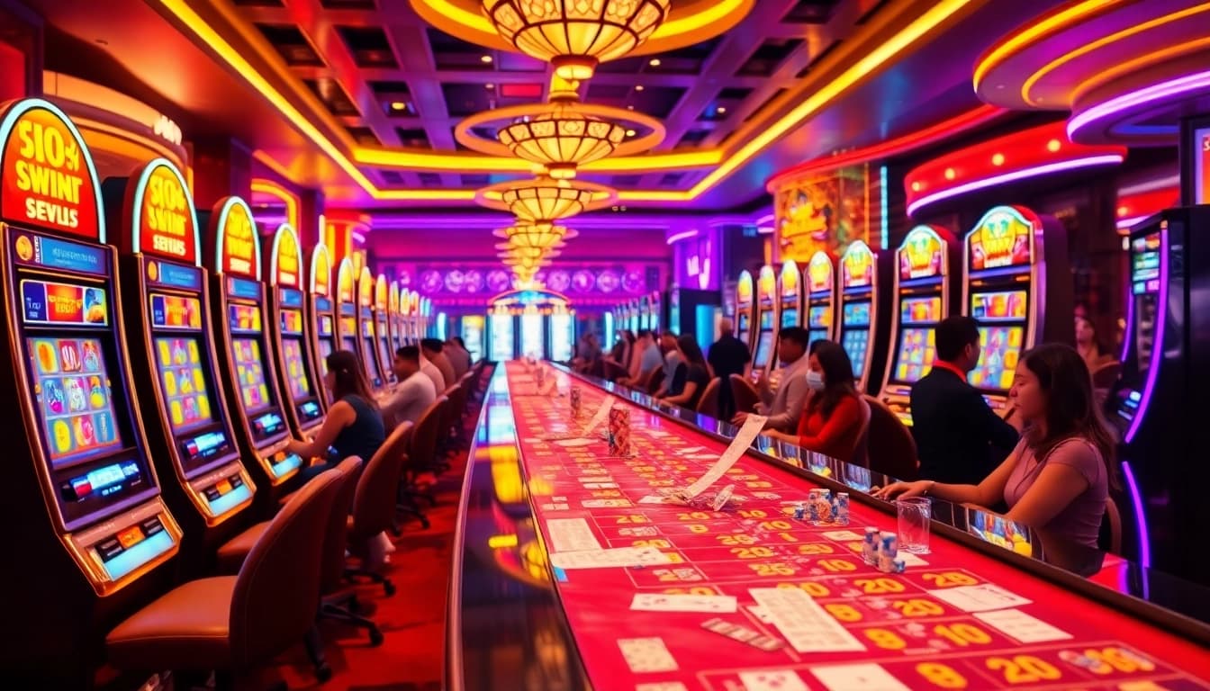Excited players enjoying slot machines at https://vua99.lat/, capturing the thrill of casino gaming.
