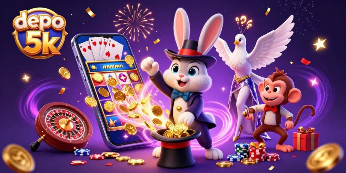 Spin to win with depo 5k; vibrant slots scene featuring cartoon characters and casino game elements.