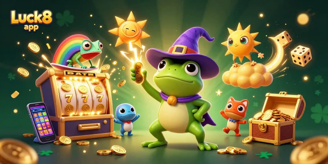 Experience the Luck8 app with a vibrant 3D illustration of a wizard frog and chameleon amid casino elements.