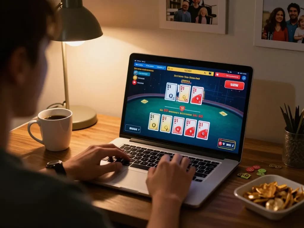 Player engaging in BJ88 live blackjack game at home, showcasing strategic gameplay and cozy atmosphere.