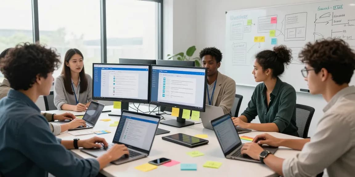 Download WPS Office with a team collaborating at a tech workspace, showcasing productivity tools and dynamic brainstorming.