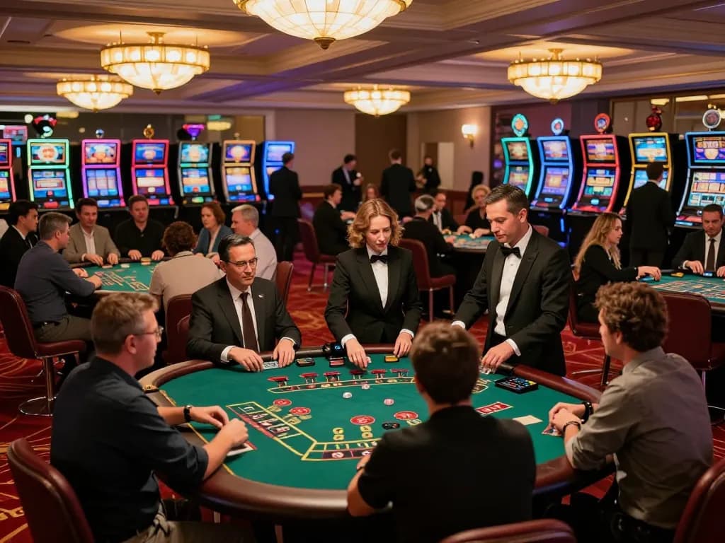 Players enjoying baccarat at the elegant casino floor on trang chủ rr88 with warm ambient lighting.