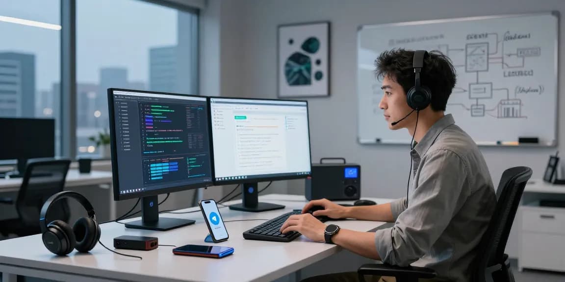 Tech support expert resolving issues on telegram官网 with dual monitors and urban view.