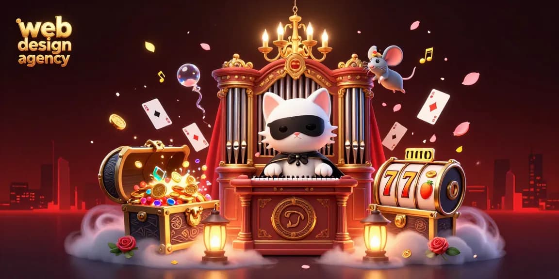 The phantom of the opera-style cat at an ornate casino pipe organ demonstrates the expertise of a web design agency in engaging user experiences.