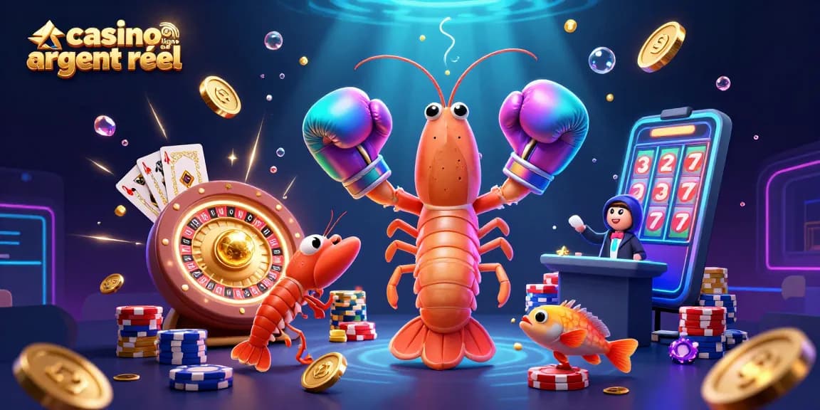 Jouez dans un casino en ligne argent réel avec des personnages de crevettes 3D et des éléments étincelants.