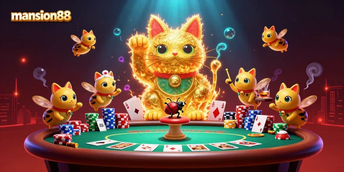 Experience fortune with mansion88, where fireflies and casino symbols create an enchanting scene.