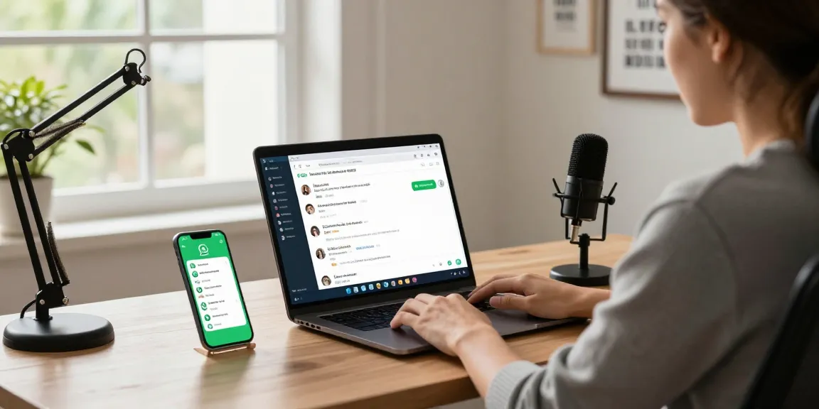 Person using WhatsApp電腦版 on a laptop in a stylish home office with vibrant chat windows and tech accessories.