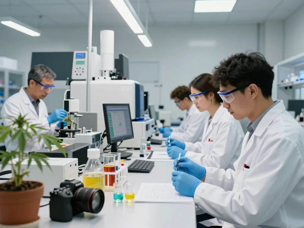 Cannabinoid manufacturer Europe analyzing extracts in a modern lab with diverse technicians.
