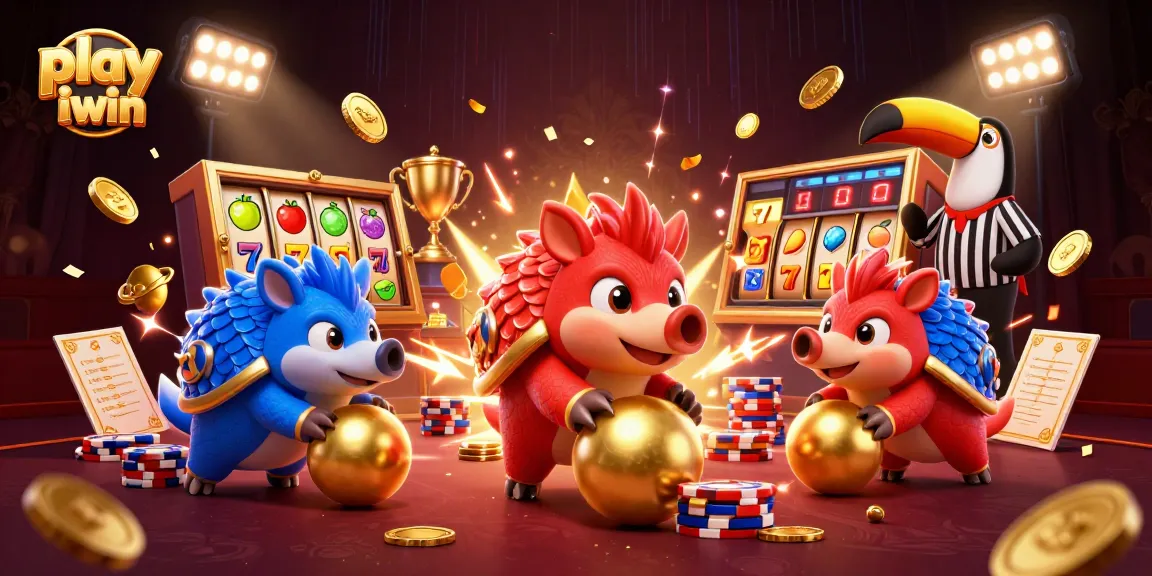 Play iwin and win big with vibrant slot-themed 3D illustration of casino pangolins.