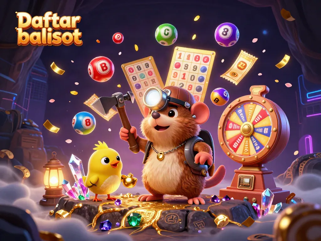 Mining adventures in Daftar balisot with treasure hunter and lottery elements in a rich, vibrant scene.