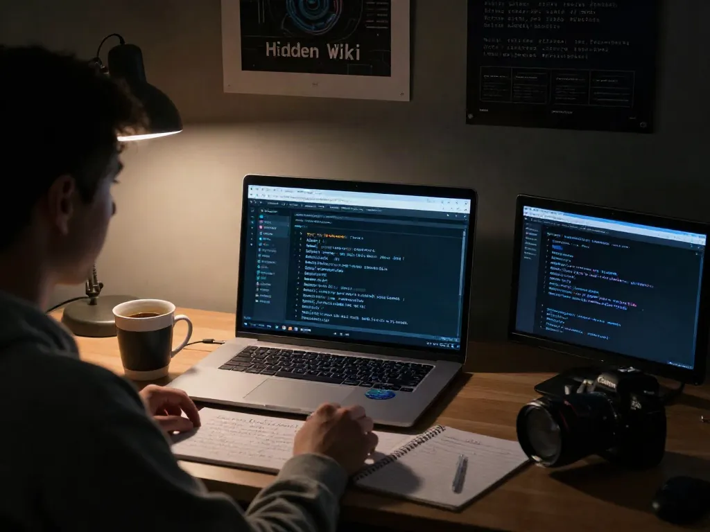 Immersive scene of the hidden wiki dark web exploration on a laptop, emphasizing internet security.