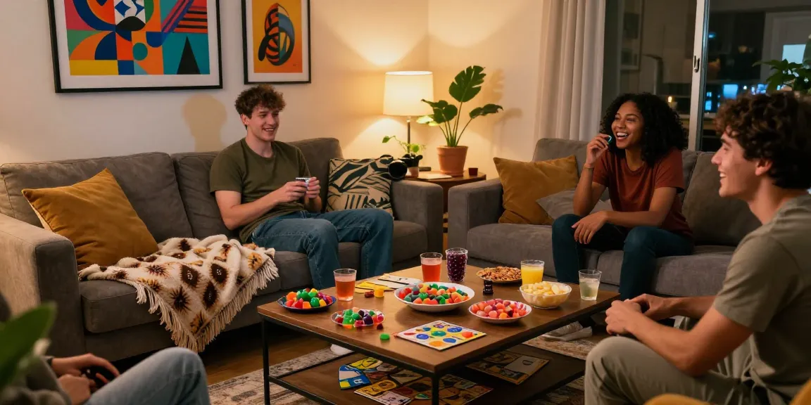 Friends enjoying THC edible UK gummies during a cozy movie night.
