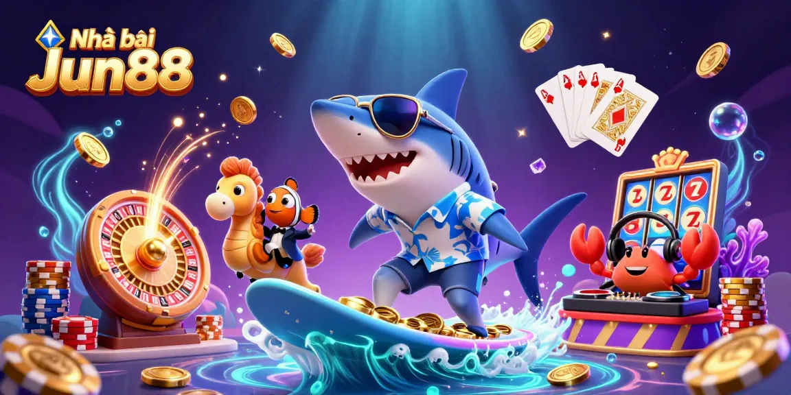 Experience thrilling wins at Nhà cái Jun88 with vibrant casino-themed cartoon illustration.