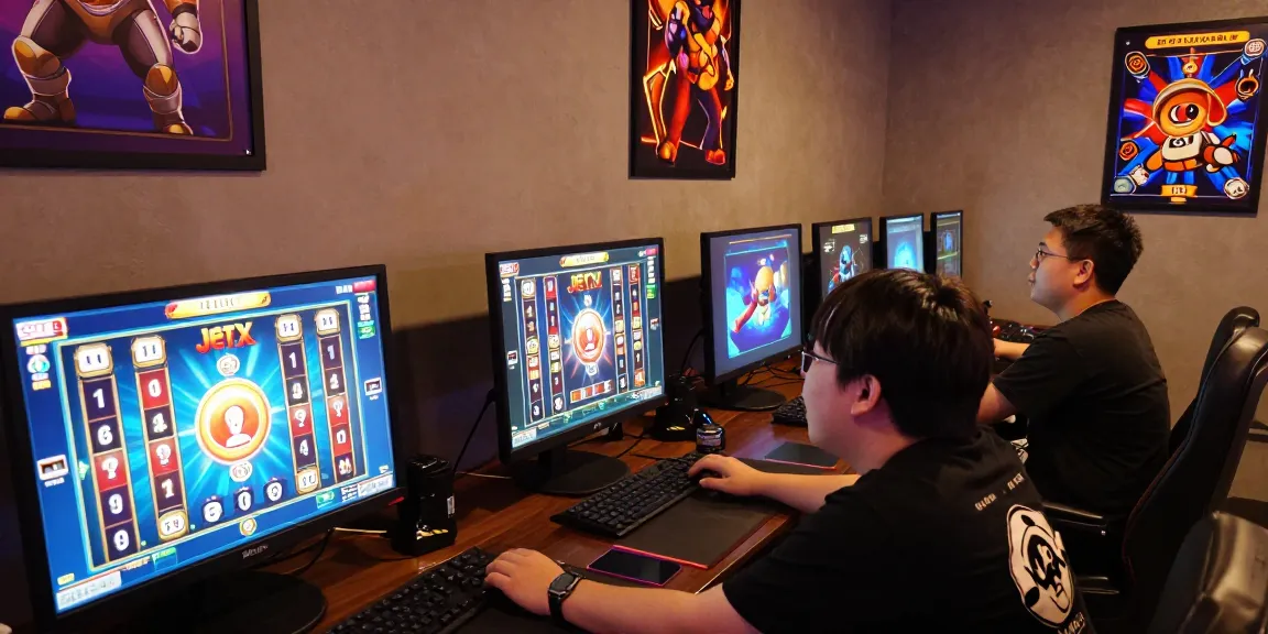 Players enjoying the Aviator crash game with vibrant graphics and excited expressions in a lively gaming lounge.
