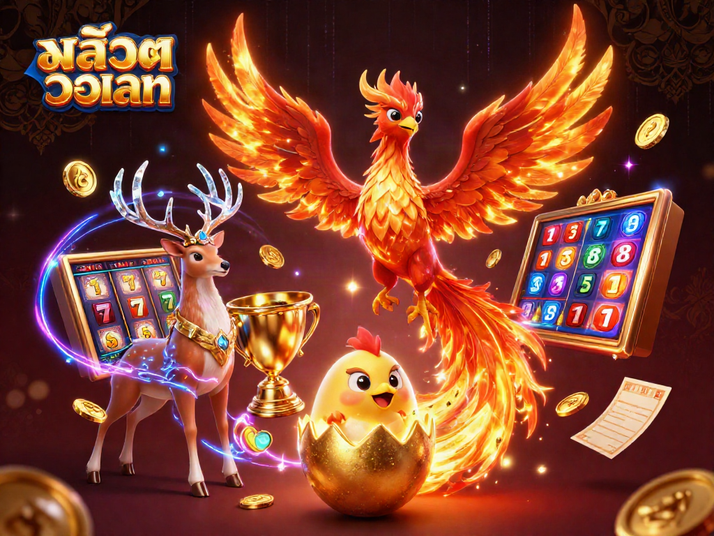 Experience สล็อตวอเลท excitement with a vibrant 3D phoenix scene filled with slot reel action and thrilling casino elements.