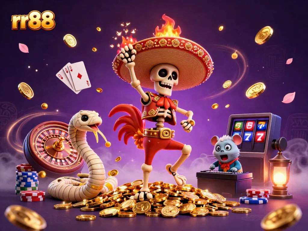 Experience thrilling wins at rr88 with a vibrant 3D casino illustration featuring dynamic characters and sparkling gems.
