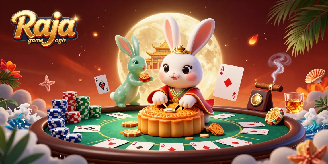Experience Raja game login as a moon rabbit reveals hidden poker chips and golden rewards.