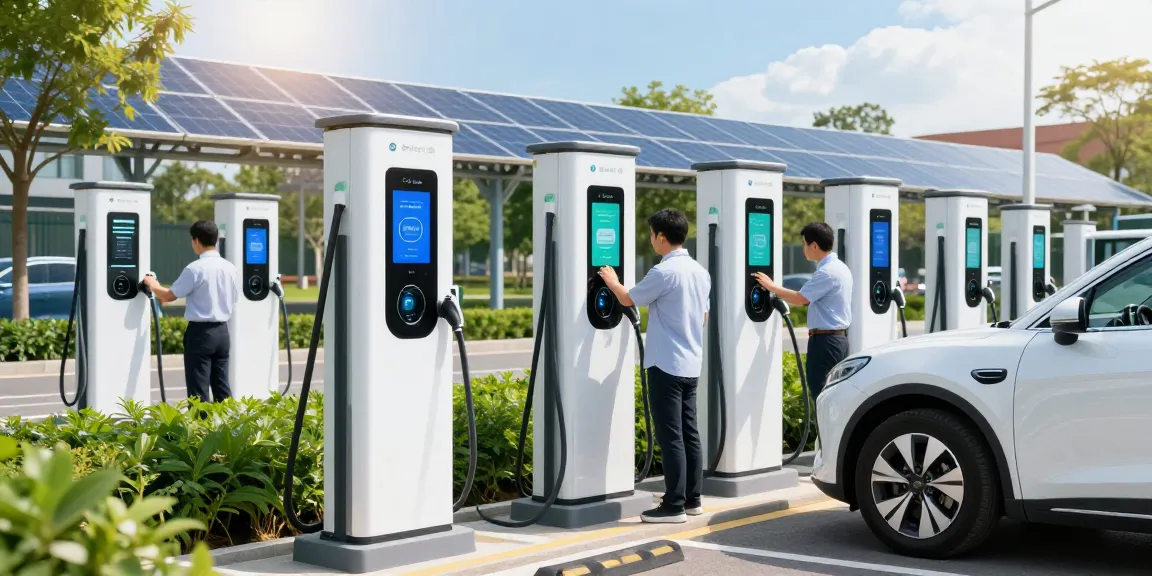 DC fast charger manufacturer showcasing advanced EV charging solutions at a modern electric vehicle station, featuring user-friendly interfaces, solar panels, and urban landscaping.