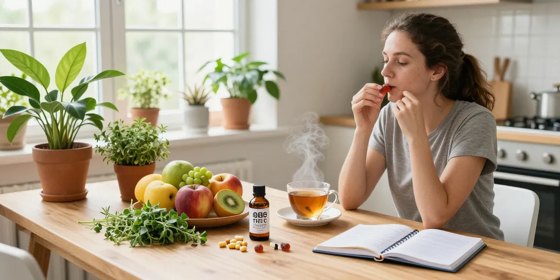 Edibles online: A woman enjoying a THC gummy in a bright kitchen surrounded by CBD oil, fresh herbs, and wellness essentials.